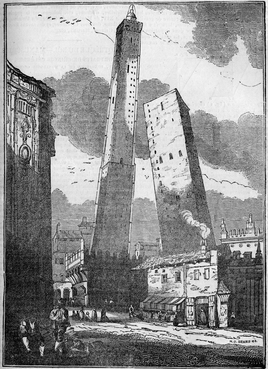 Towers of Bologna - Asinelli-tårnet og det mindre Garisenda-tårnet - gravering fra 1800-tallet av Unknown artist