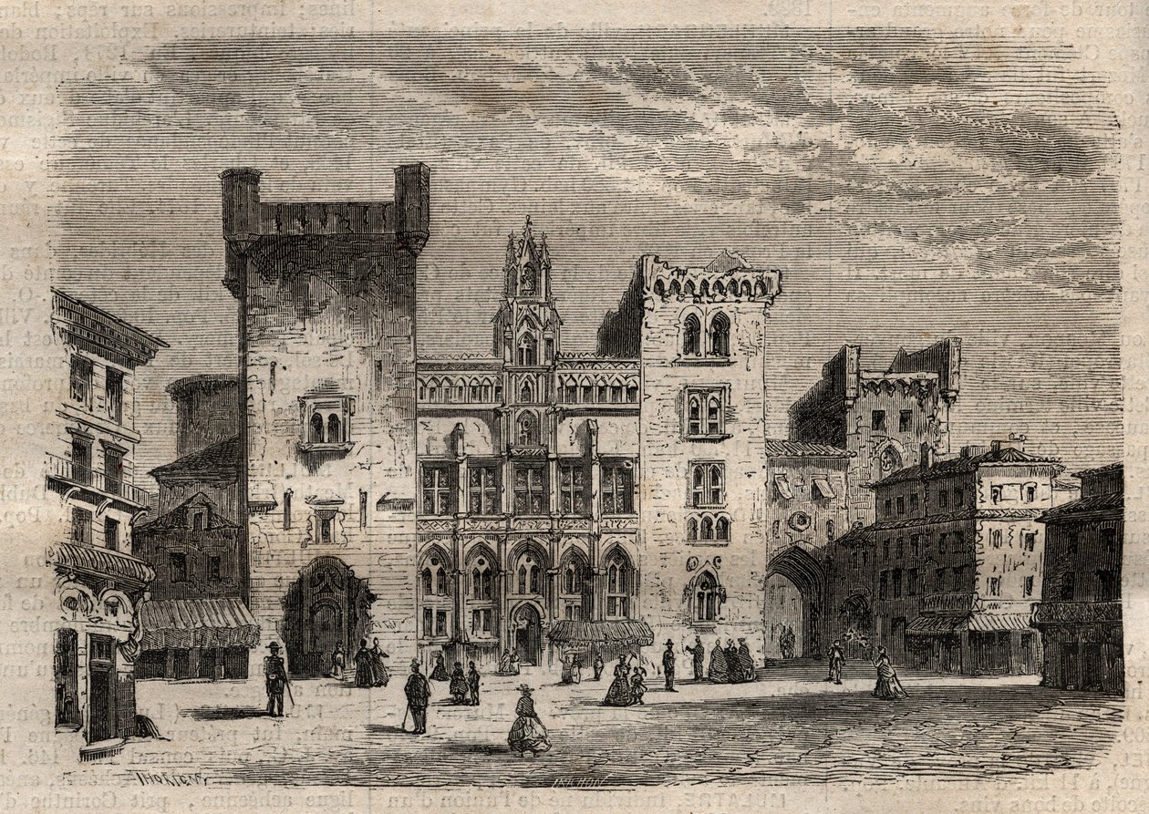 Rådhuset i Narbonne - Languedoc-Roussillon-Midi-Pyrénées - Frankrike - gravering i "Dictionnaire populaire illustrious" - 1864 - av Joseph Decembre og Edmond Allonier - av Unknown artist