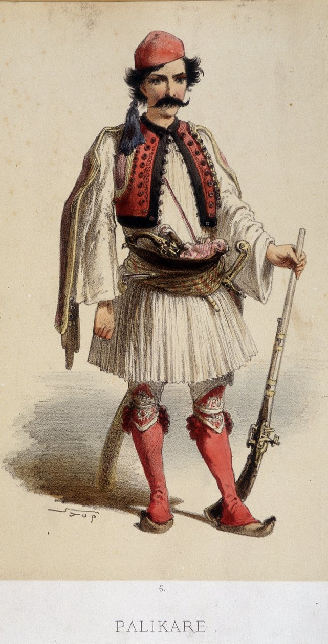 Tradisjonell gresk mannsdrakt - gravering, sent på 1800-tallet av Unknown artist