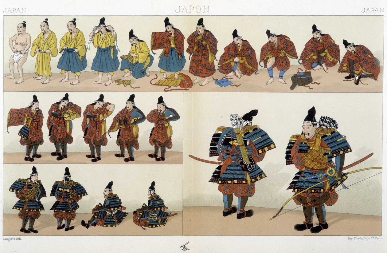 Tradisjonelle japanske samuraiklær - i "" The Historical Costume"" av Racinet av Unknown artist