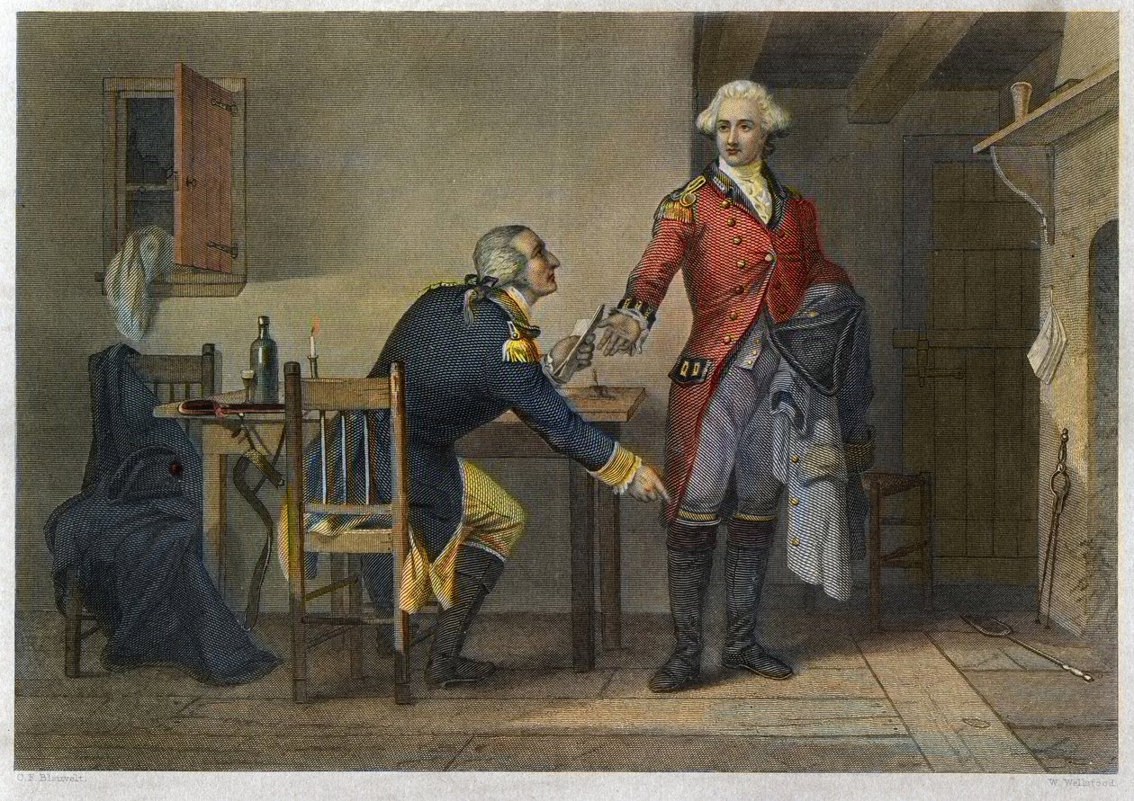 Trahison of Arnold - Uavhengighetskrig eller amerikansk revolusjon (1775-1783) - Benedict Arnold (1741-1801) lyktes i å overbevise major John Andre (1750-1780) til å skjule planene til West Point i sin støvel på møtet deres 21. september 1780. av Unknown artist