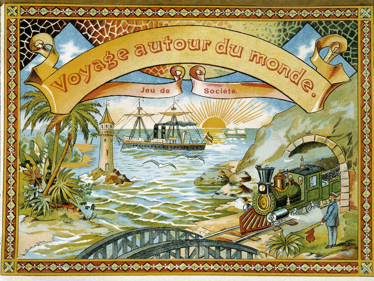 Tog, fyr og båt, dekkspill "" Reise jorden rundt", a.n.d. 19. av Unknown artist
