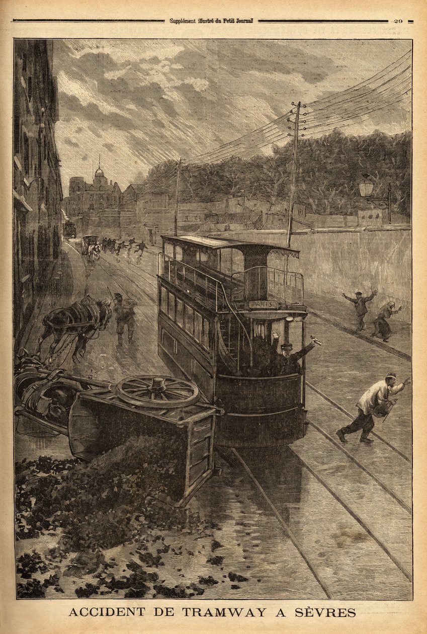 Trikkeulykke i Sevres, materielle skader, men ingen personskader. Gravering i "" Le petit journal"" 24/01/1897. Selva samling. av Unknown artist