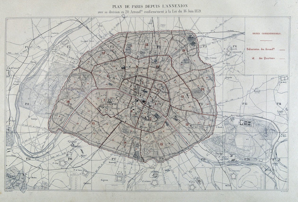 Transformasjoner av Paris under det andre imperiet, Haussman Paris. Kart over Paris siden annekteringen med dens inndeling i 20 arrondissementer, i samsvar med loven av 16. juni 1859 - i "Administrativ atlas over arrondissementene i byen Paris" av Unknown artist