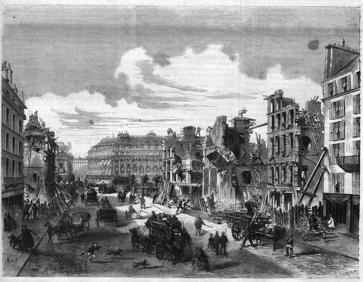 Transformasjoner av Paris under det andre imperiet, Paris Haussmann (Boulevard, Haussmann arbeider): riving av Rue de la Paix for åpningen av Rue Reaumur. Gravering i "" The Illustrious Universe"" av Unknown artist