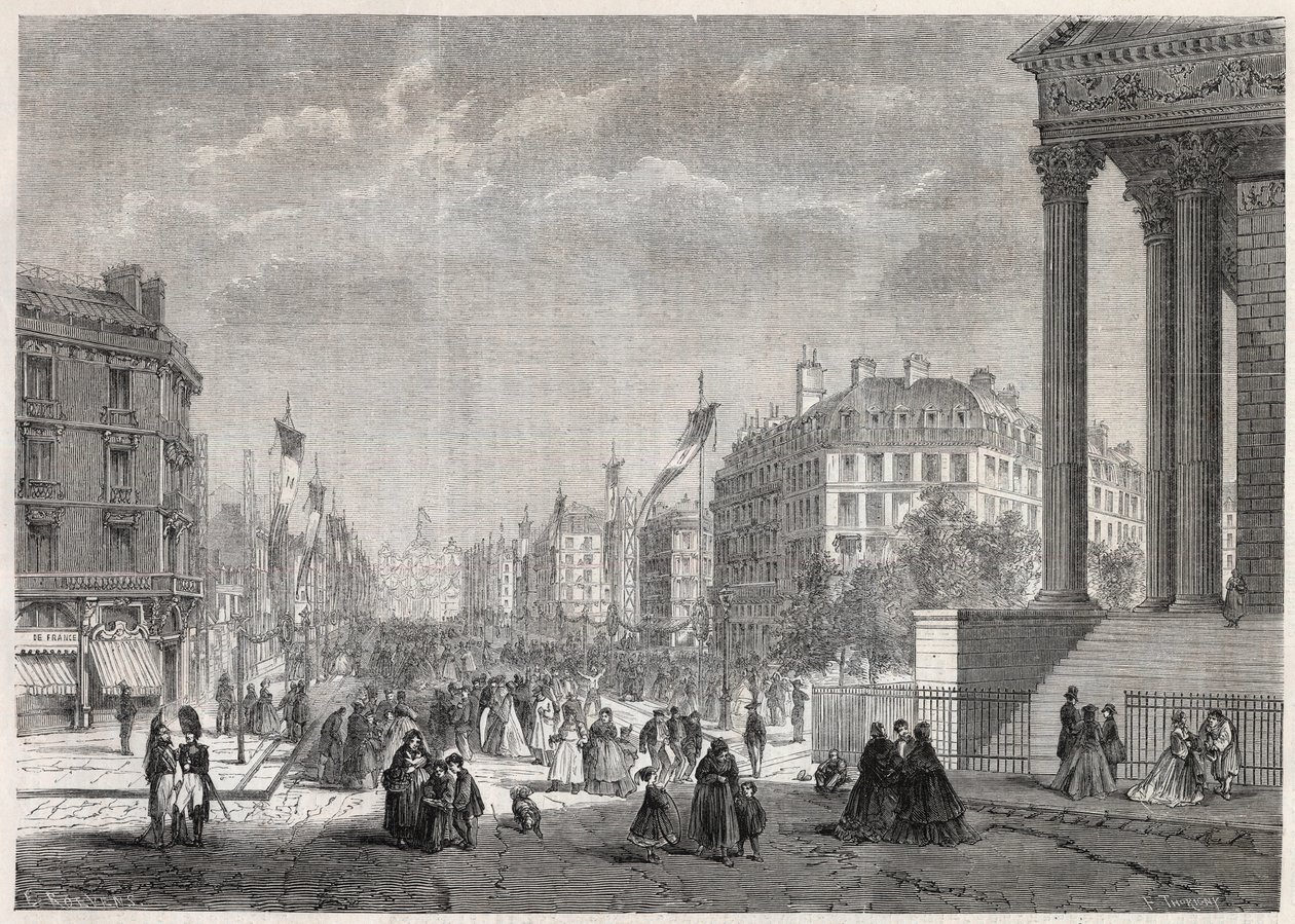 Transformasjoner av Paris under det andre imperiet, Paris Haussmann: dekorasjon av Boulevard Malesherbes, på dagen for innvielsen 13. august 1861 - Gravering i "" Le Monde Illustré"" av Unknown artist