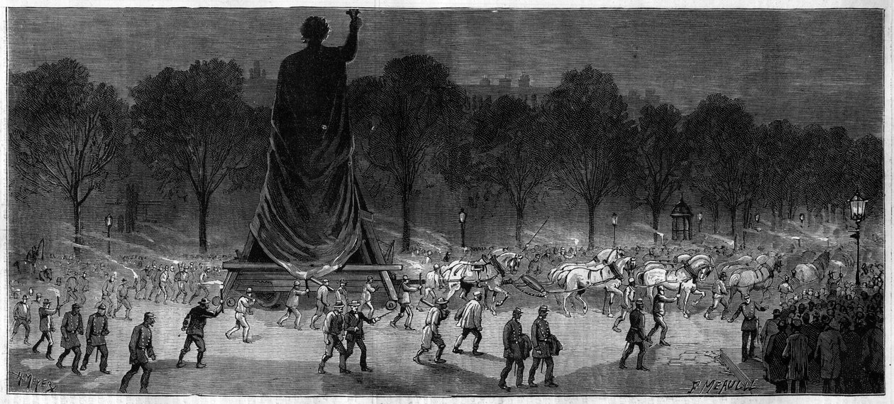 Translation of the statue of the Republique (Marianne in bronze, 9.50 m high), from the workshops of Mr. Thiebaut at the Place de la Republique in Paris in 1883 av Unknown artist