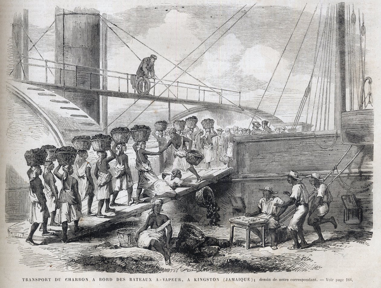 Transport av kull om bord på dampskip i Kingston (Jamaica) - Lasting av kull i Kingston - Jamaica - 1866 Gravering fra "" The Illustrous Universe"" 1866 av Unknown artist