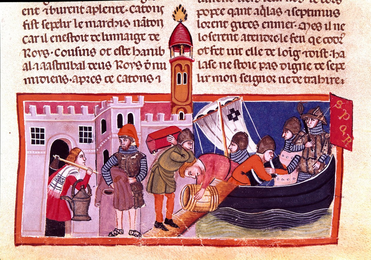 Transport av varer og matvarer på indre vannvei. Miniatyr fra en fransk kodeks på pergament "" The Facts of Romans"" som forteller gammel historie frem til Jules Cesar (101 f.Kr.-44 f.Kr.). Venezia fra 1200-tallet, biblioteca Marciana av Unknown artist