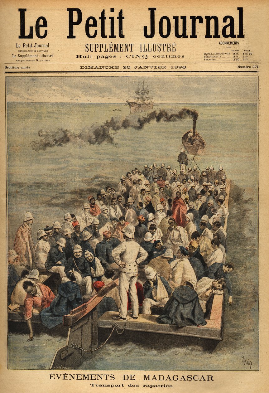 Transport av skadde rovdyr fra Madagaskar. Gravering i "" Le petit journal"" 26.01.1896. Selvas samling. av Unknown artist
