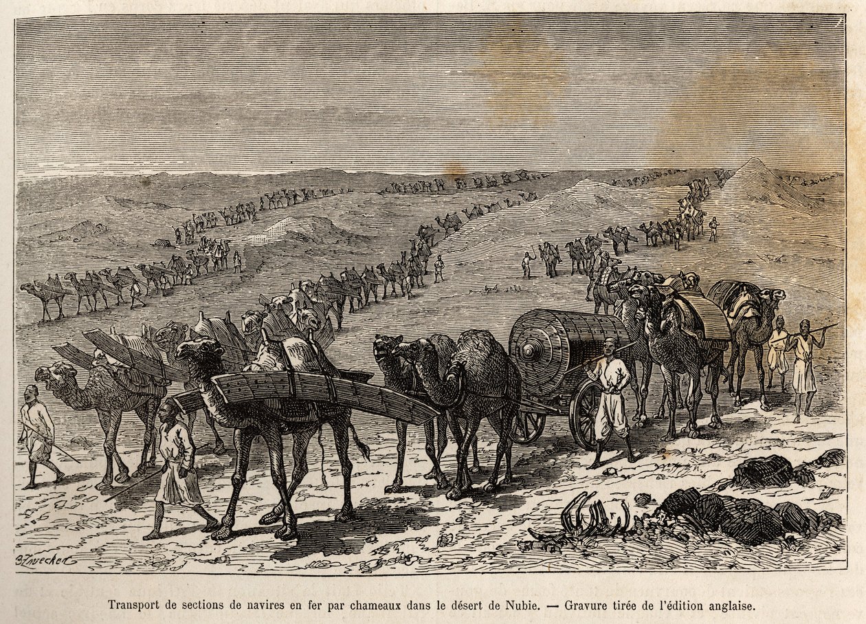 Transport av jernskipsseksjoner med kameler, i ørkenen i Nubia (Sudan), gravering som illustrerer en væpnet ekspedisjon i Sentral-Afrika, for undertrykkelse av svarthandelen av Unknown artist