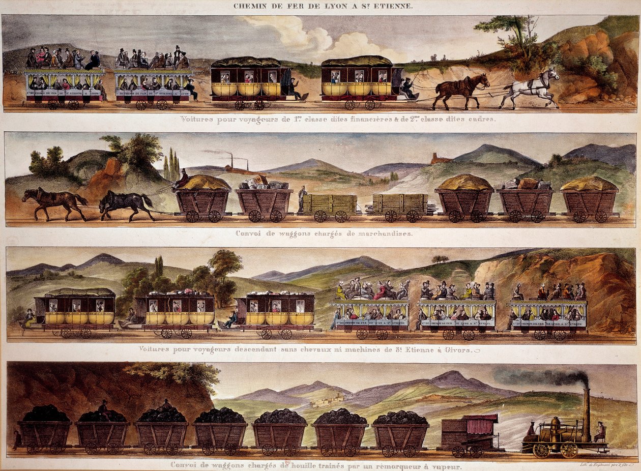Transport: representasjon av gods- og persontog fra Saint Etienne til Lyon. Paris fra 1800-tallet, B.N. av Unknown artist
