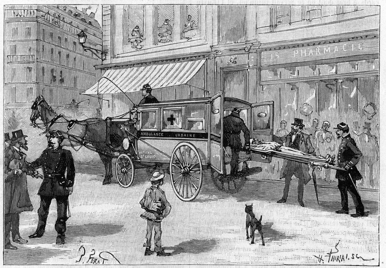 Transportation of an injured person in a car of the Paris Ambulances. Engraving in “” La Nature. Revue des sciences et de ses applications aux arts et a l