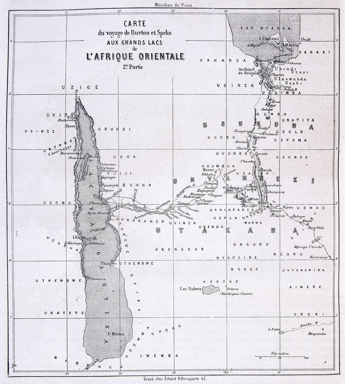 Reisekart over Richard Francis Burton, britisk oppdagelsesreisende (1821-1890) og Speke til de store innsjøene i Øst-Afrika 1857-59 - i Tour du Monde av Unknown artist