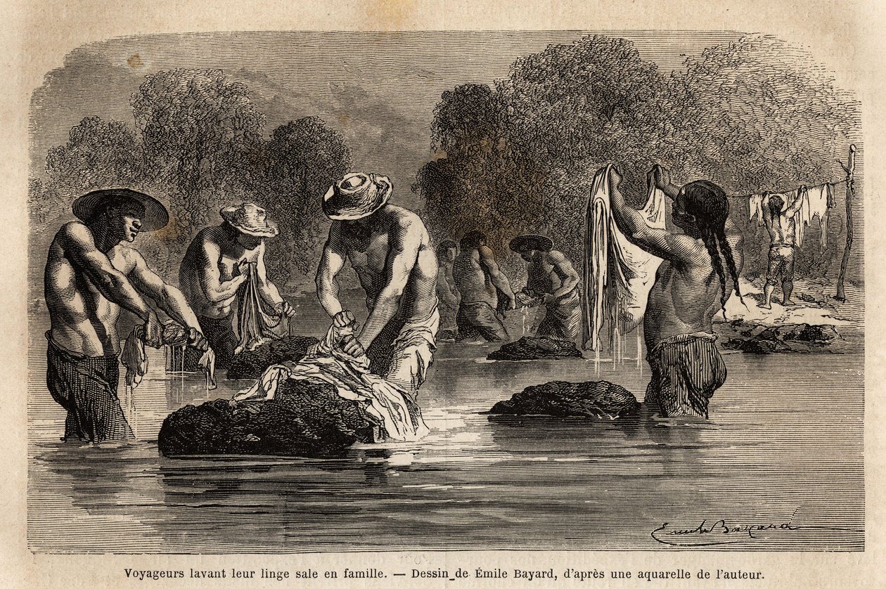 Reisende som vasker skittentøyet sitt i elven, sammen med bolivianske peoner, i nærheten av Maniri (Nedre Peru). Engravure pour illustrrer le voyage dans les vallees de Quinquinas, av Paul Marcoy, i 1849-1861, publisert i "" Le tour du monde" av Unknown artist