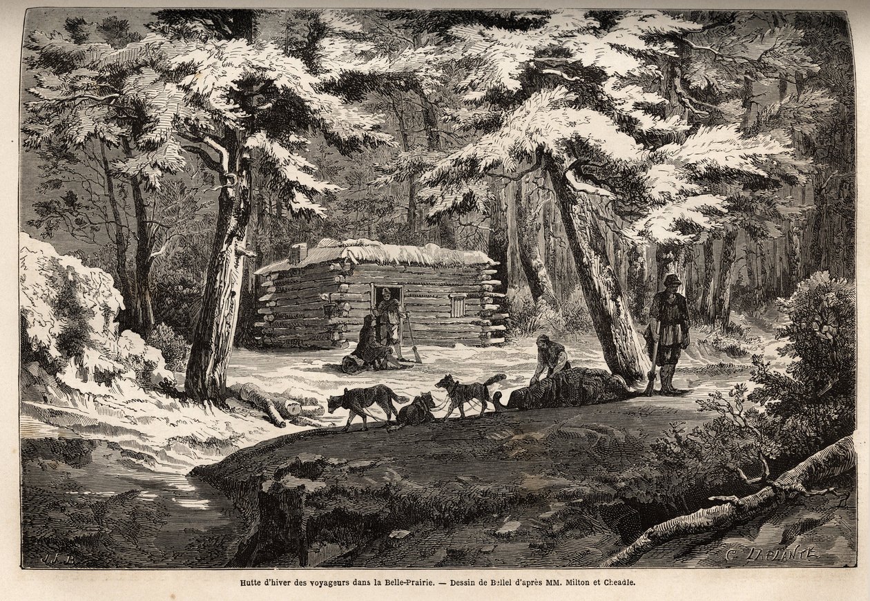 Reisendes vinterhytte i den vakre engen (Canada), tilfluktssted for fangstmenn og deres aking. Gravering for å illustrere reisen fra Atlanterhavet til Stillehavet (route du nord ouest par les terres), i 1862-1864 av Viscount Milton og Doctor Cheadle, i av Unknown artist