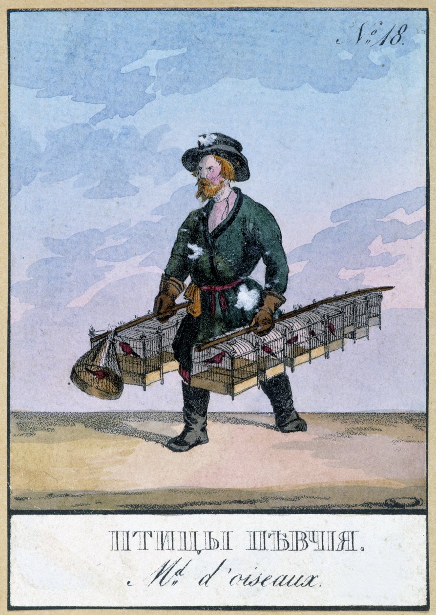 Omreisende fuglehandler - Gravering av 1800-tallet av Unknown artist