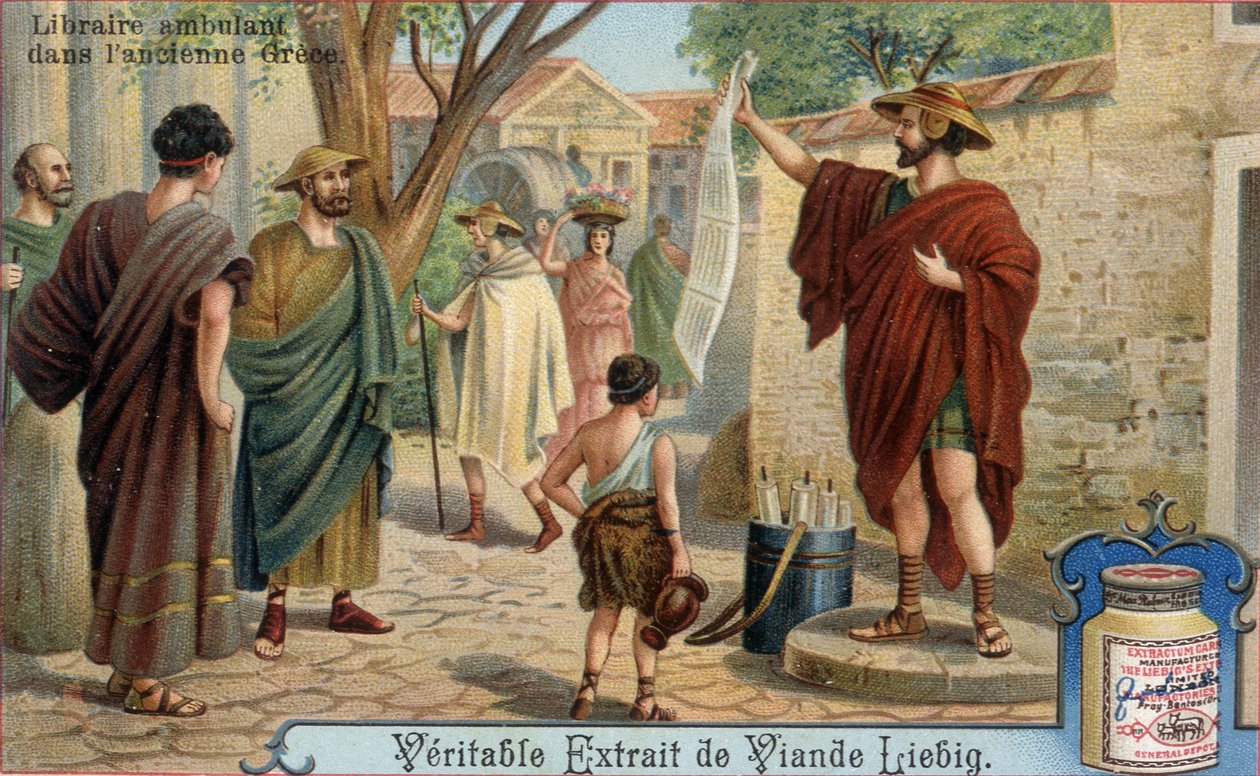Reisende bokhandler i antikkens Hellas. Kromolitografi, Liebig-bilde. av Unknown artist