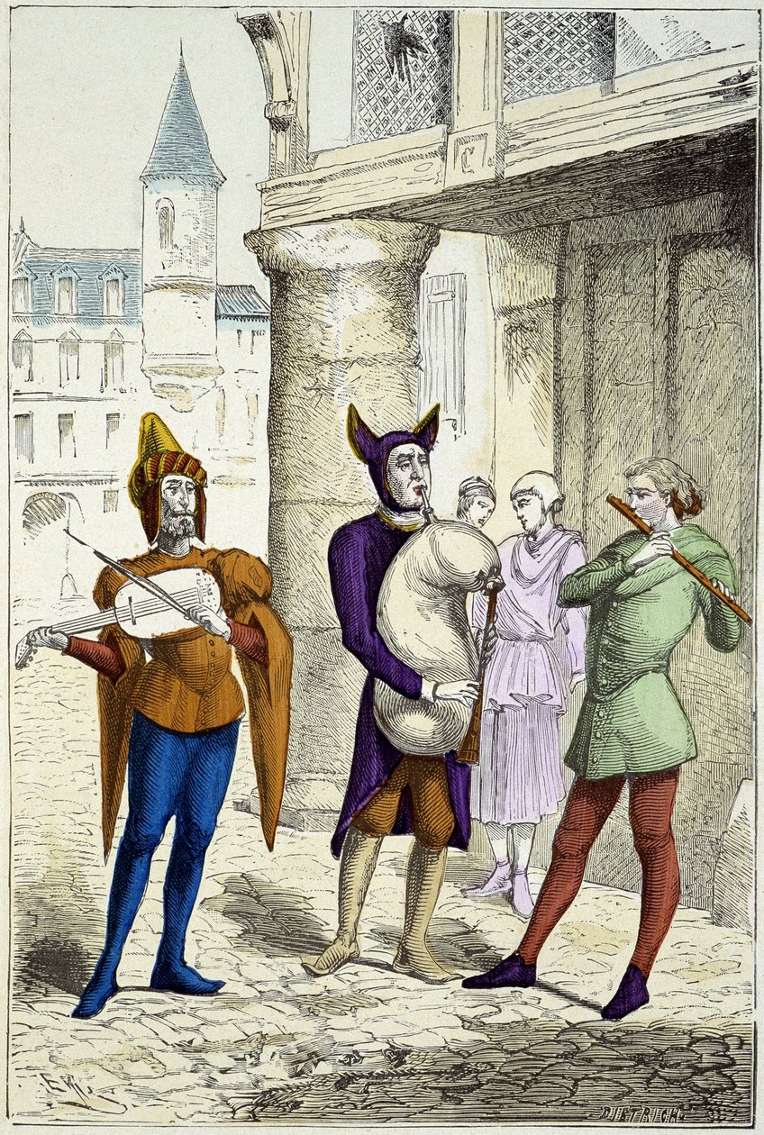 Omreisende musikere på 1400-tallet - i "" Costumes de Paris gjennom århundrene"" av Unknown artist