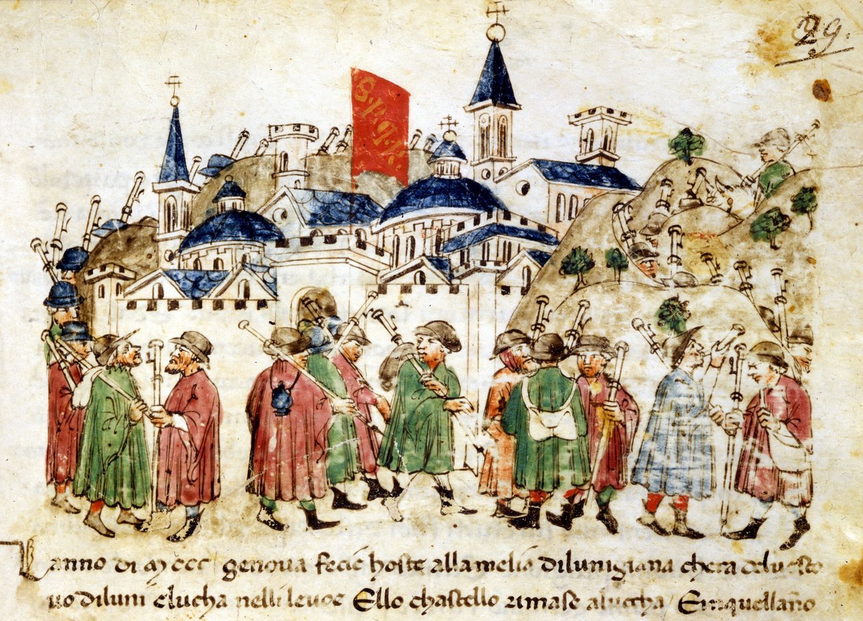 Omreisende pilegrimer ankommer Roma. 1300-tallet. Chronicles Sercambi. Lucca, Nasjonalarkivet. av Unknown artist