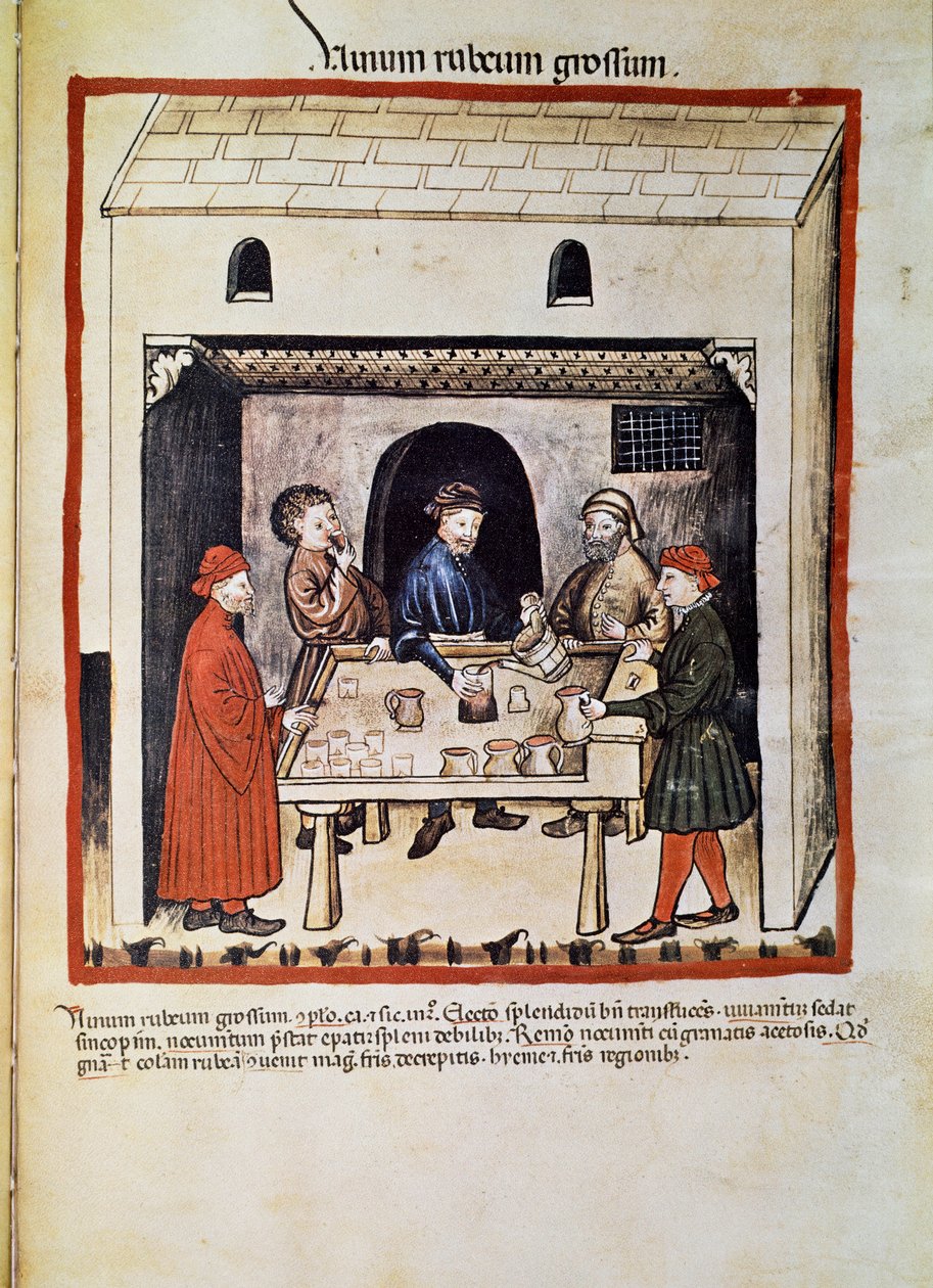 Behandle en lege: "" rødvin, gruppe menn i en taverna som drikker vin"" Side hentet fra "" Tacuinum sanitatis"" (Cod. ser. nov. 2644) Rundt 1400 Wien, Osterreischische Nationalbibliothek av Unknown artist