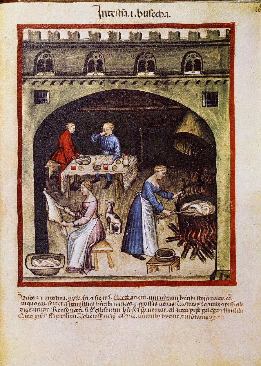 Behandle en medisin: "" koke tarmen og tarmen til dyrene""". Side hentet fra "" Tacuinum sanitatis"" (Cod. ser. nov. 2644) Rundt 1400 Wien, Osterreichische Nationalbibliothek av Unknown artist