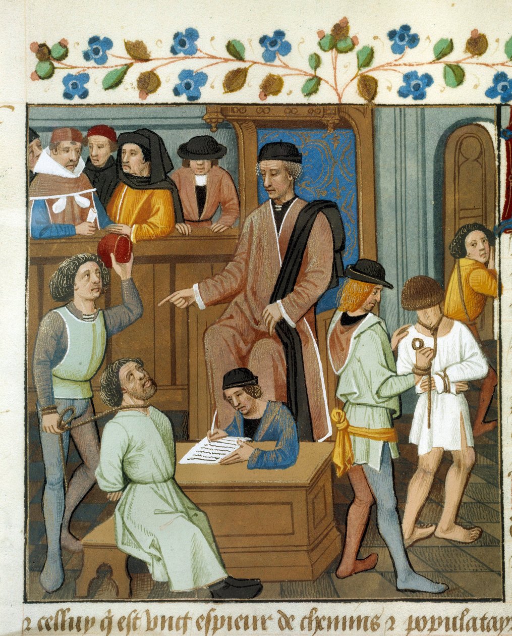 Rettsaksscene: Dommeren avhører en domfelt som bærer et tau på halsen. Miniatyr fra et manuskript. Paris fra 1400-tallet, B.N. av Unknown artist
