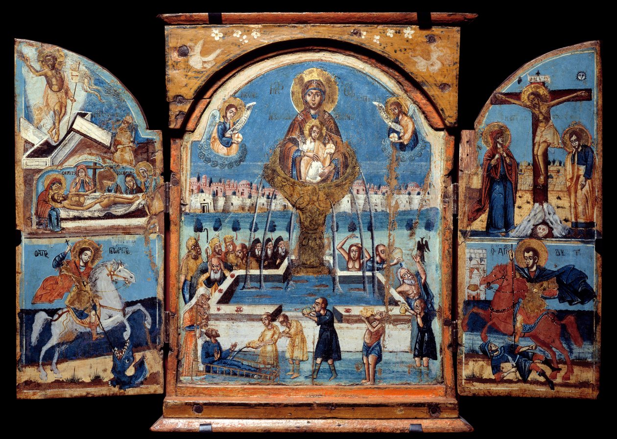 Jomfruens triptyk, kilde til liv Sentralpanel: Jomfruen krysser en mirakuløs vannfontene. Til venstre, oppstandelsen og avsetningen. Under en ridder (Saint George) som slår ned en drage. Til høyre, korsfestelsen og et ridderordspill av Unknown artist