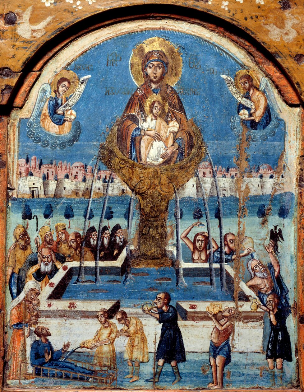 Triptych of the Virgin, kilde til liv Jomfruen galer over en mirakuløs vannfontene. Sentral panneu, maleri på tre fra Midtøsten. Musee des Beaux Arts i Rouen fra 1800-tallet av Unknown artist