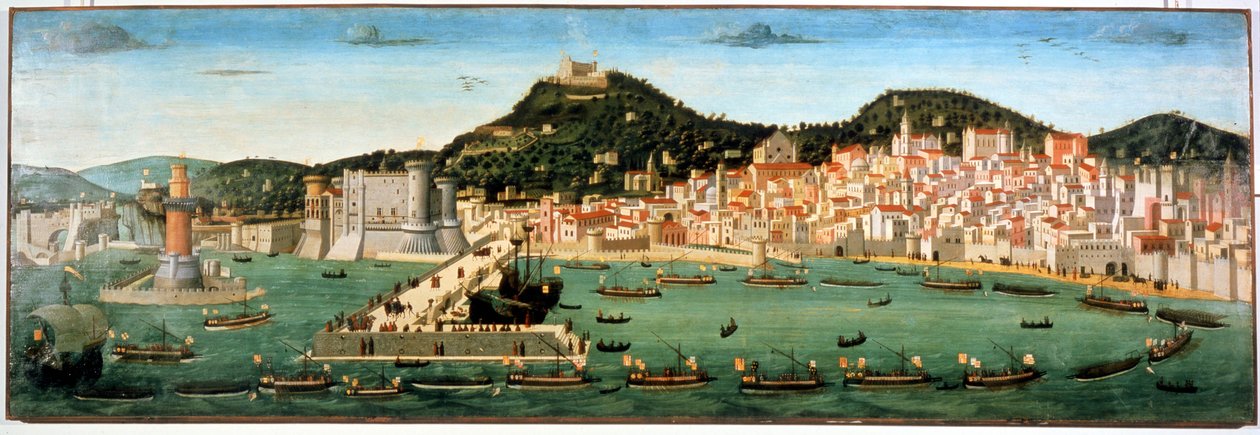 Triumferende retur av flåten til Ferdinand I (1423 - 1494) etter slaget ved Ischia mot René I av Anjou (den gode) (1409 - 1480). 6. juli 1464. Napoli, nasjonalmuseet i San Martino. av Unknown artist