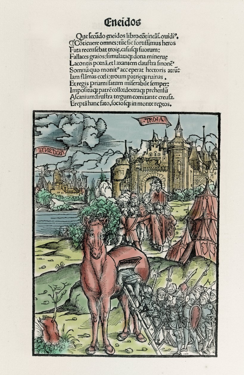 Trojan: Greske krigere forlater hesten når den har krysset bymurene. Eneide. Xylografi av Sebastian Brant. Strasbourg av Unknown artist