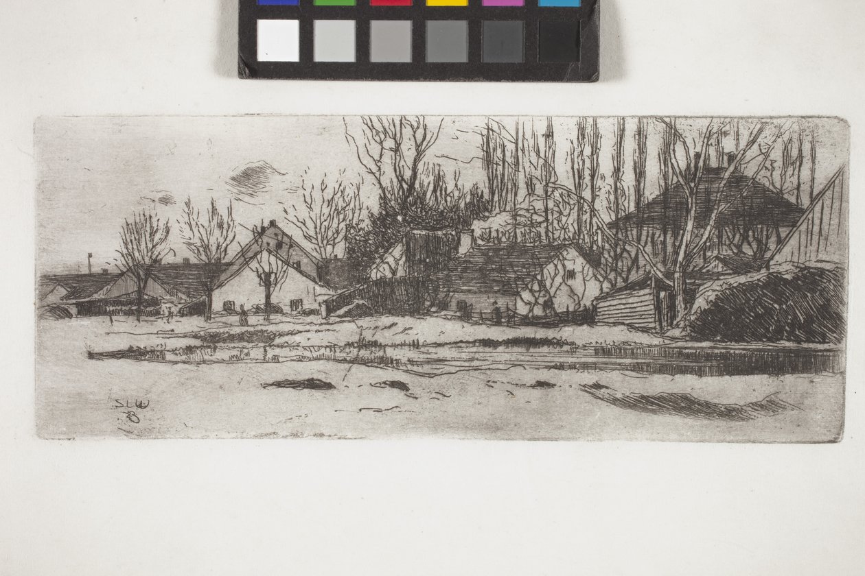 Basseng foran en landsby med en allee av poppel (etsing) av Unknown artist