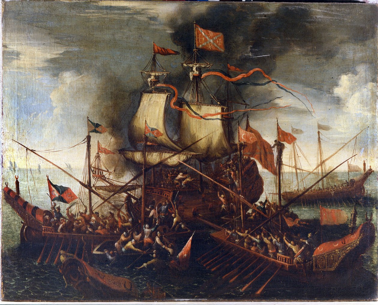 Tyrkiske bysser nærmer seg et venetiansk skip. 1600-talls maleri. av Unknown artist