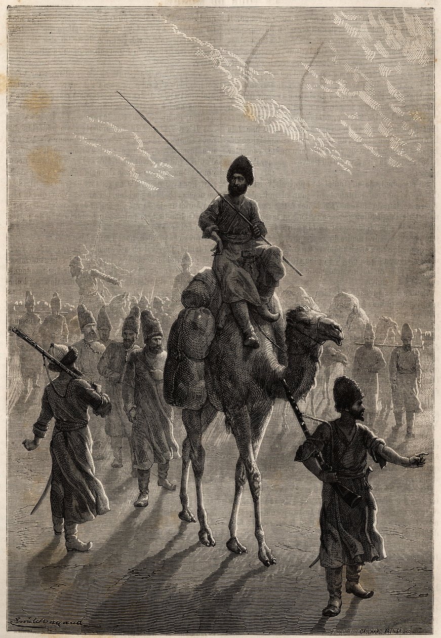 Tyrkiske fanger ført til Teheran med det formål å utveksle nag eller utveksle mot andre fanger. Gravering for å illustrere historien om Henri de Blocqueville "14 mois de captivite chez les turcomans"" mellom 1860 og 1861, i "Le tour du mo av Unknown artist