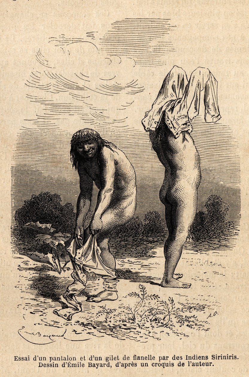 To Siriniris-indianere prøver å kle på bukser og vest, som et medlem av ekspedisjonen hadde lagt til tørk ved bredden av innsjøene ved foten av Mount Basiri (Peru). Engravure pour illustrrer le voyage dans les vallees de Quinquinas (Peru), av Paul Marcoy,  av Unknown artist