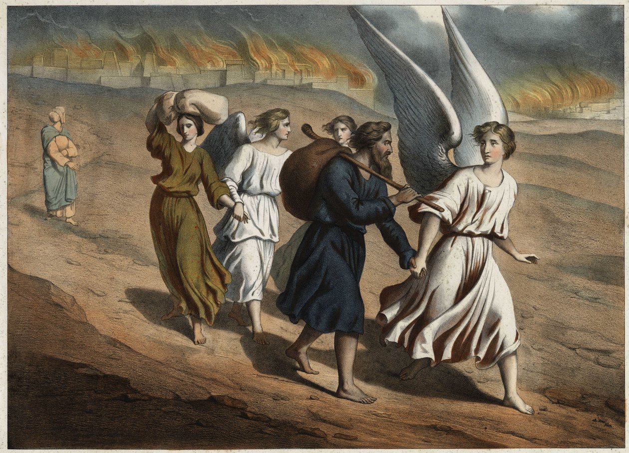 Two angels guide Loth and his daughters who must leave the city of Sodom, which, like that of Gomorra, is destroyed by God. Loth