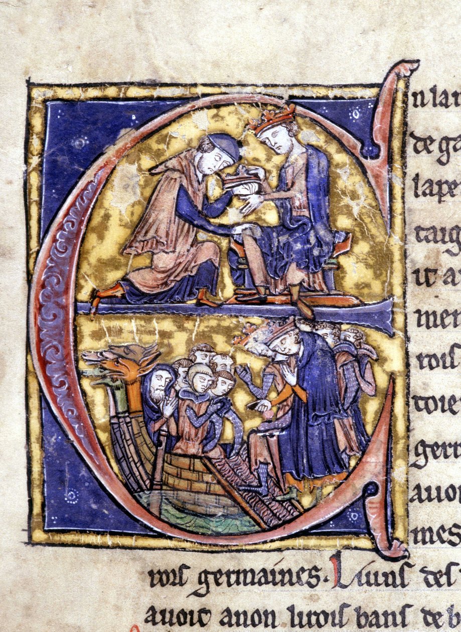 To konger av Bretagne: Bans de Berroye (far til Lancelot) og Boorz de Gaune. Manuskript: Conquest of the Holy Grail, skrevet 717 år etter lidenskapen til vår herre. Bibliotheque Municipale de Rennes, ms. 255 (Samling av romaner om det runde bord); P av Unknown artist