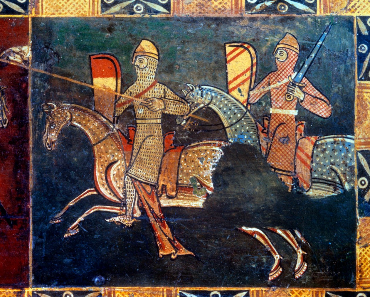 To riddere i siden av masken skal til kamp. Detalj av dekorasjonen av en bryllupsboks som viser scener av seigneurialt liv. 1300- eller 1400-tallet. Vannes, museum i Vannes av Unknown artist