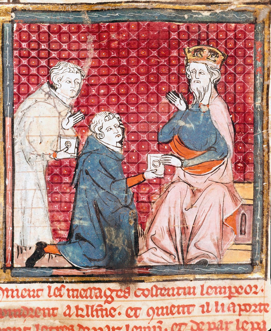 To budbringere kunngjør i Charlemagne (742-814) seieren over miniatyrsaracenerne fra "" Grandes Chronicles de France"" 1375-1379 kommunale bibliotek, Castres av Unknown artist