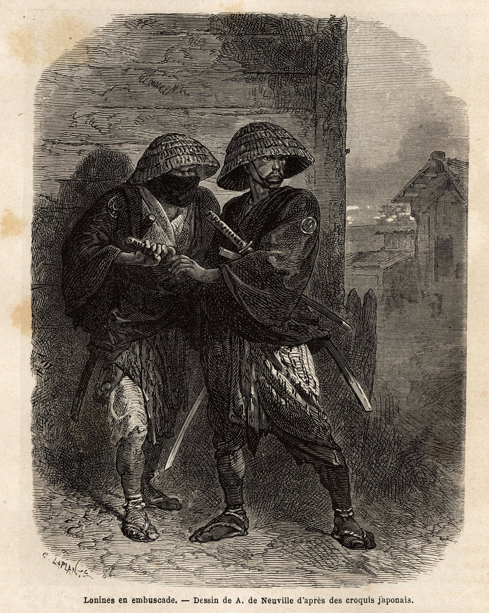 To roniner (samurai har mistet sin herre) som står i bakhold. Gravering for å illustrere reisen til Japan, i 1863-1864, av Aime Humbert, minister for det sveitsiske konføderasjonen, i "" Le tour du monde, nouveau journal des voyages"" publisert under regi av Unknown artist