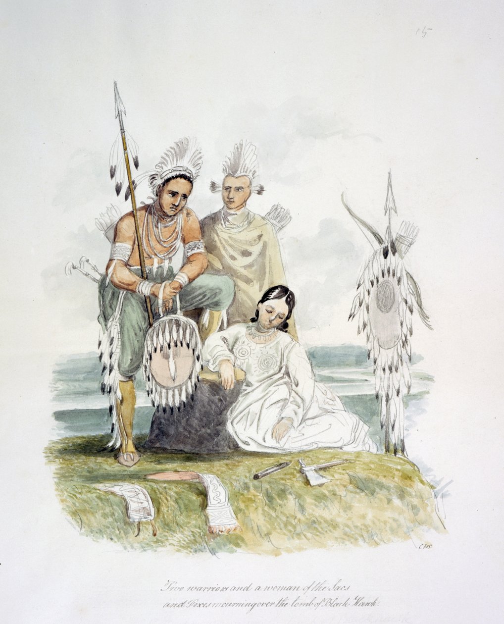 To krigere og en kvinne fra Sacs and Foxes som sørger over graven til Black Hawk, ca. 1843-50 (akvarell) av Unknown artist