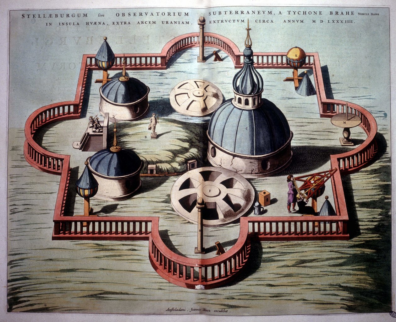 Tycho Brahes “Sternburg”-observatorium på den danske øya Hven in the Sund (1584) - basert på datidens kobberstikk. "Novus Atlas" av Unknown artist