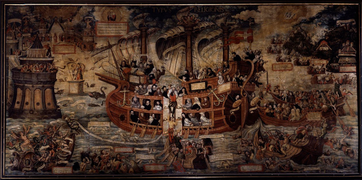 Typus religionis En allegori over religiøse ordener, troens skip er styrt av religiøse ordener, ledet av jesuiter. Grunnleggerne av de forskjellige ordenene er representert: Saint Ignatius av Loyola, grunnlegger av Society of Jesus, Saint Francois of Assis av Unknown artist