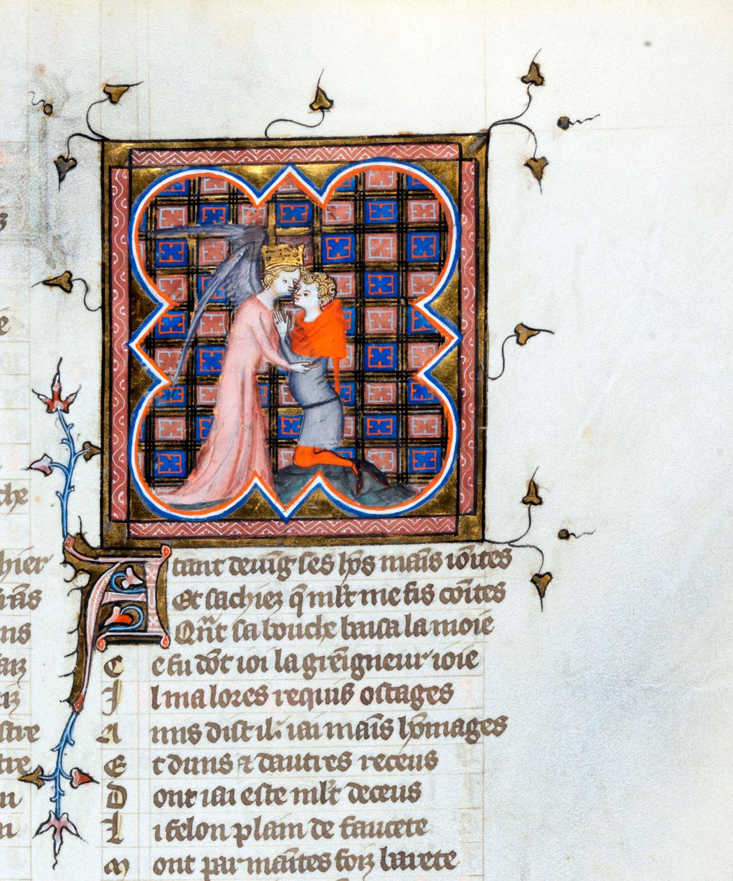 ""Un ange couronne embrassant un homme"" Page enluminee tiree du manuscrit ""Le Roman de la Rose"" de Guillaume de Lorris (vers 1200-1238) et Jean de Meun (Meung) (1240-1305) vers 1353 Suisse Bibliotheque de Geneve   1314545   no       norwegian Successful av Unknown artist