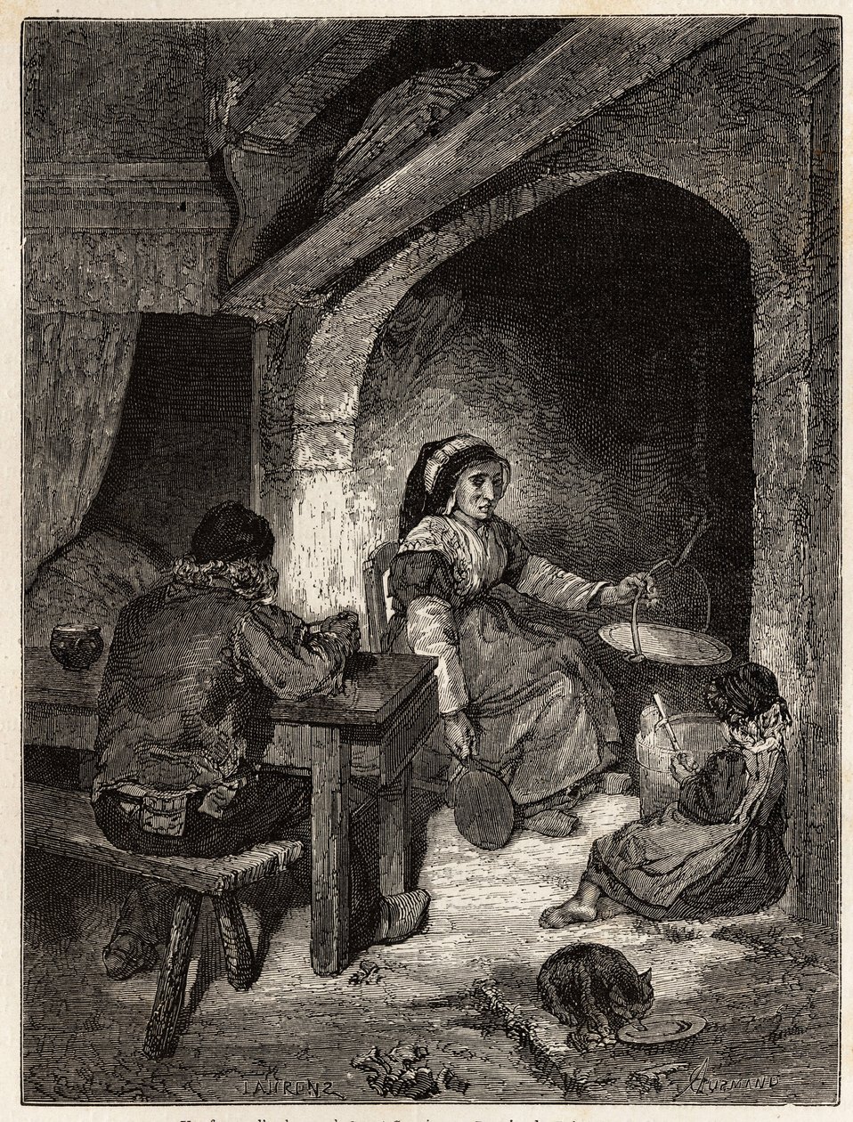 Un foyer d'auberge à Saint Cernin, gravering for å illustrere en reise til vulkanene i det sentrale Frankrike i 1864, i "Le tour du monde, nouveau journal des voyages"" utgitt under ledelse av Edouard Charton av Unknown artist