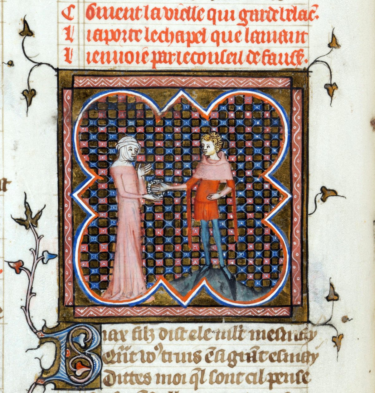 ""En ung mann og en gammel kvinne"" Opplyst side fra manuskriptet ""Le Roman de la Rose"" av Guillaume de Lorris (rundt 1200-1238) og Jean de Meun (Meung) (1240-1305) rundt 1353 Sveits Genève bibliotek av Unknown artist
