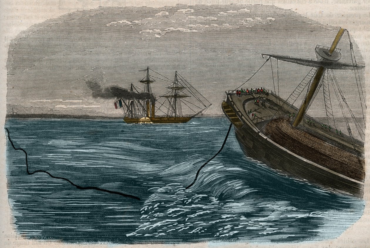 Undervanns telegrafiske linjer: Legging av en undersjøisk kabel (ubåt) Gravering av 1857. av Unknown artist