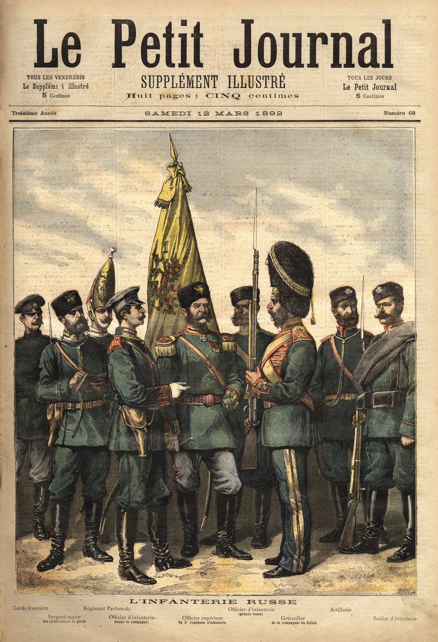 Uniformer av det russiske infanteriet, alliert med Frankrike, fra venstre mot høyre: grensevakten, vaktsersjantmajoren, Pavlowski-regimentet, offiseren, den overordnede offiseren, palassgrenaderen, artilleriuniformen og soldaten. Gravering i av Unknown artist