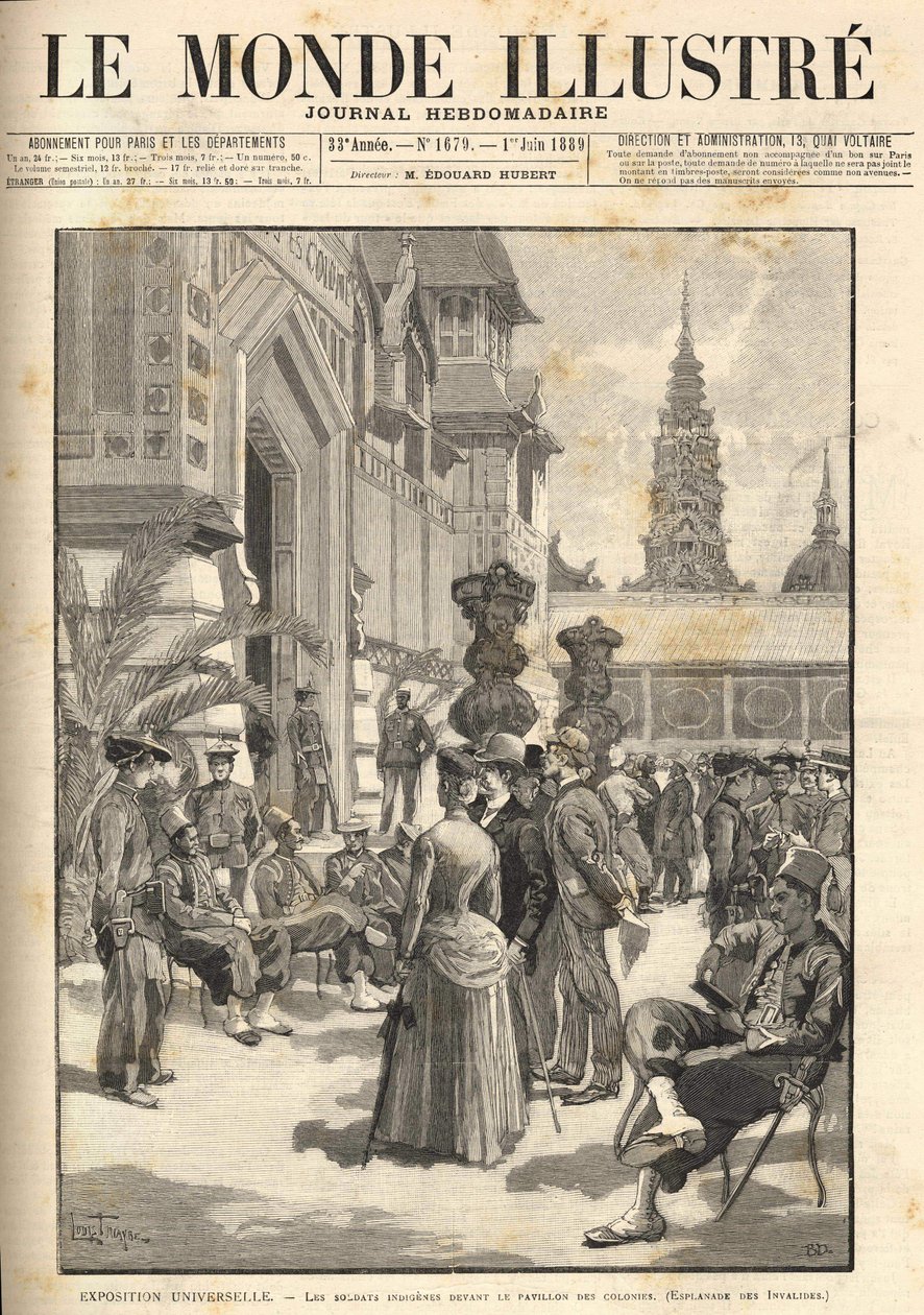 Universell utstilling 1889 - Urfolkssoldater foran Colonial Pavilion (Esplanade des Invalides). Omslag “” Le Monde Illustré”” fra 01.06.1889. av Unknown artist