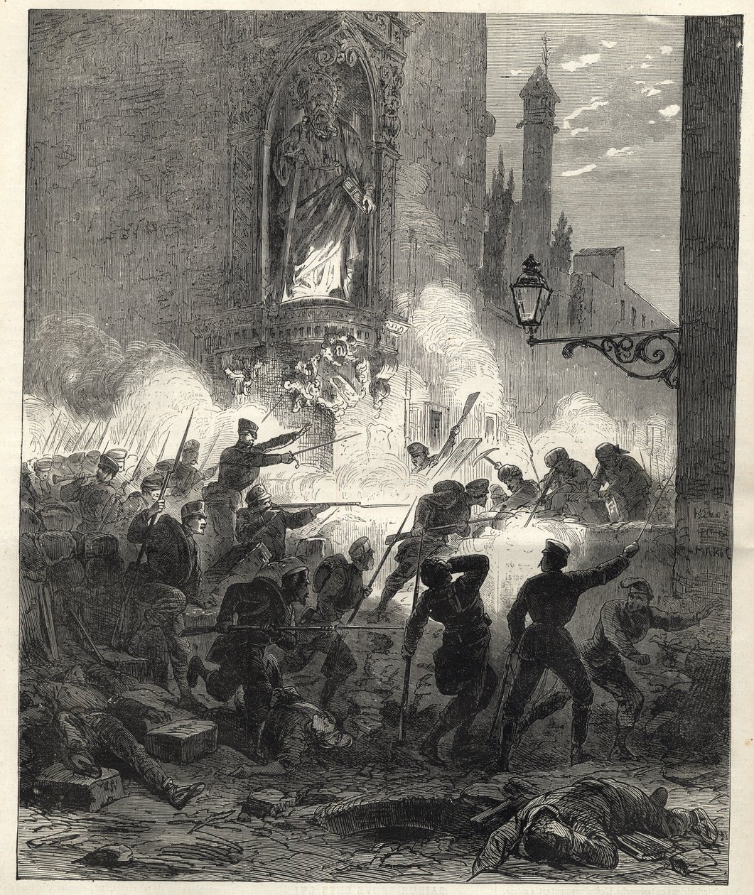 Opprør fra republikanerne i Catalonia: kamper i Barcelona natten 25. til 26. september 1869 - Sexenio Democratico (seks år med demokrati) - Spania under general Francisco Serranos styre 1869/1870 - Republikansk opprør i Catalonia: bar av Unknown artist